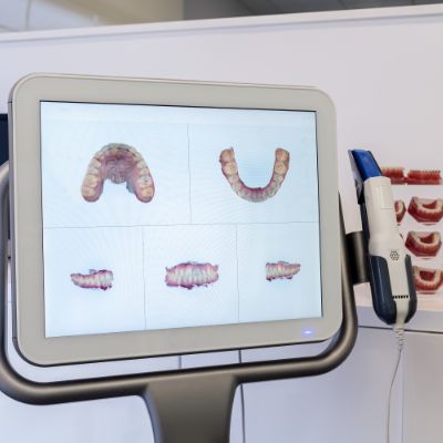 Computer screen showing several angles of an impression of an arch of teeth