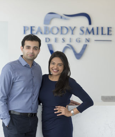 Doctor Shah with her husband Doctor Kashyap in reception area of Peabody Smile Design